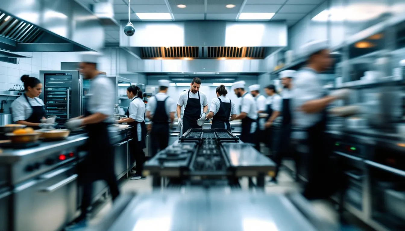 In a bustling restaurant kitchen, staff members work efficiently with modern equipment, showcasing the operational efficiency essential in the foodservice industry. The scene highlights the teamwork and skill required to meet consumer expectations in a fast-paced environment, reflecting the trends and revenue growth in the restaurant market.