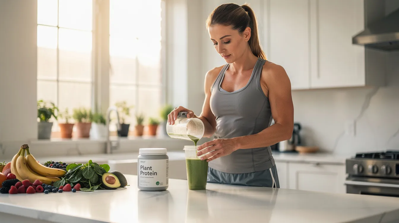 A plant-based athlete is seen mixing a creatine supplement drink in a bright, airy kitchen, showcasing a commitment to a vegan diet while focusing on enhancing muscle health and athletic performance. The vibrant setting emphasizes the use of plant-based ingredients, highlighting the trend of vegan creatine supplementation among fitness enthusiasts.