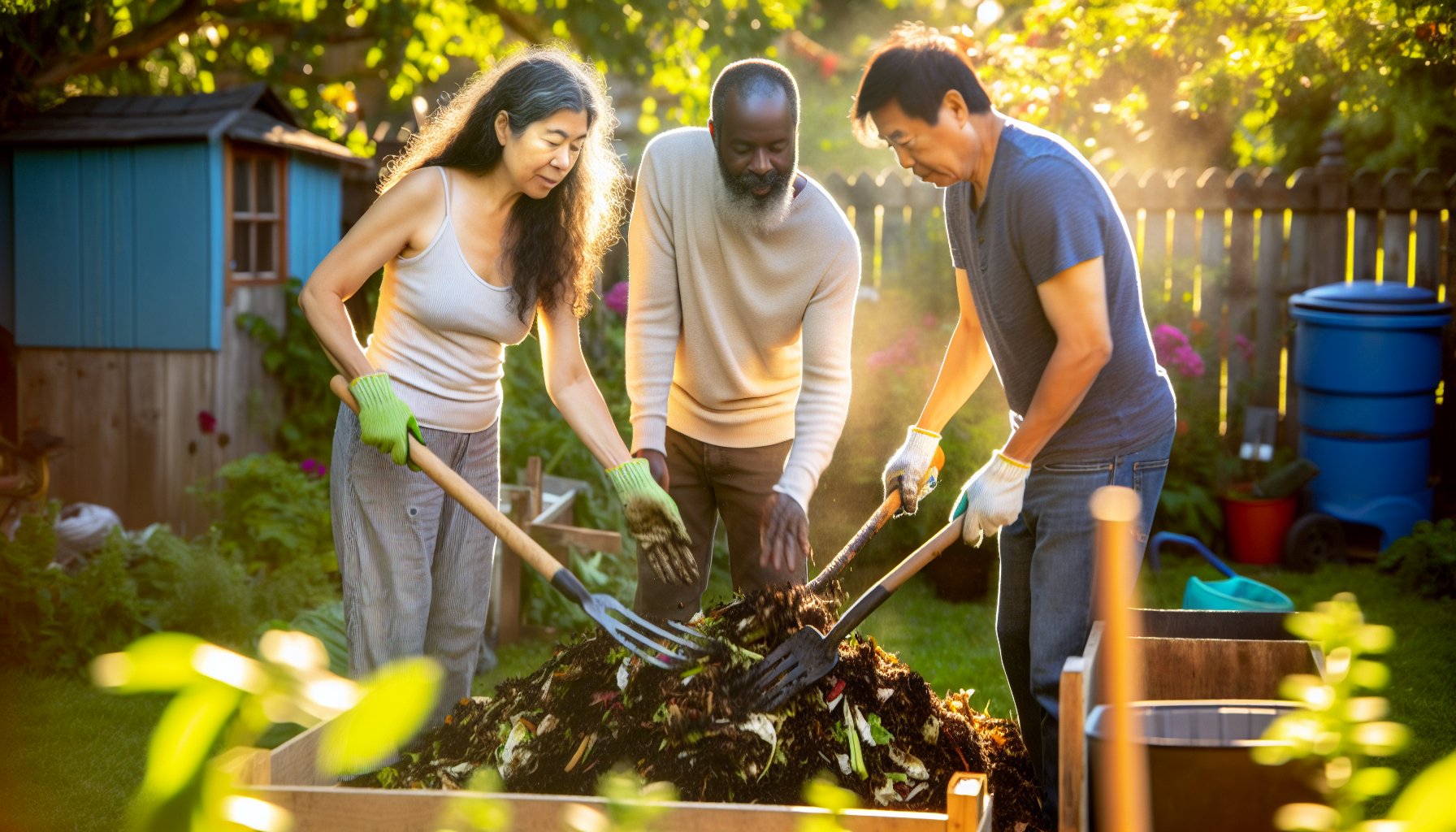 Turning compost pile for faster decomposition