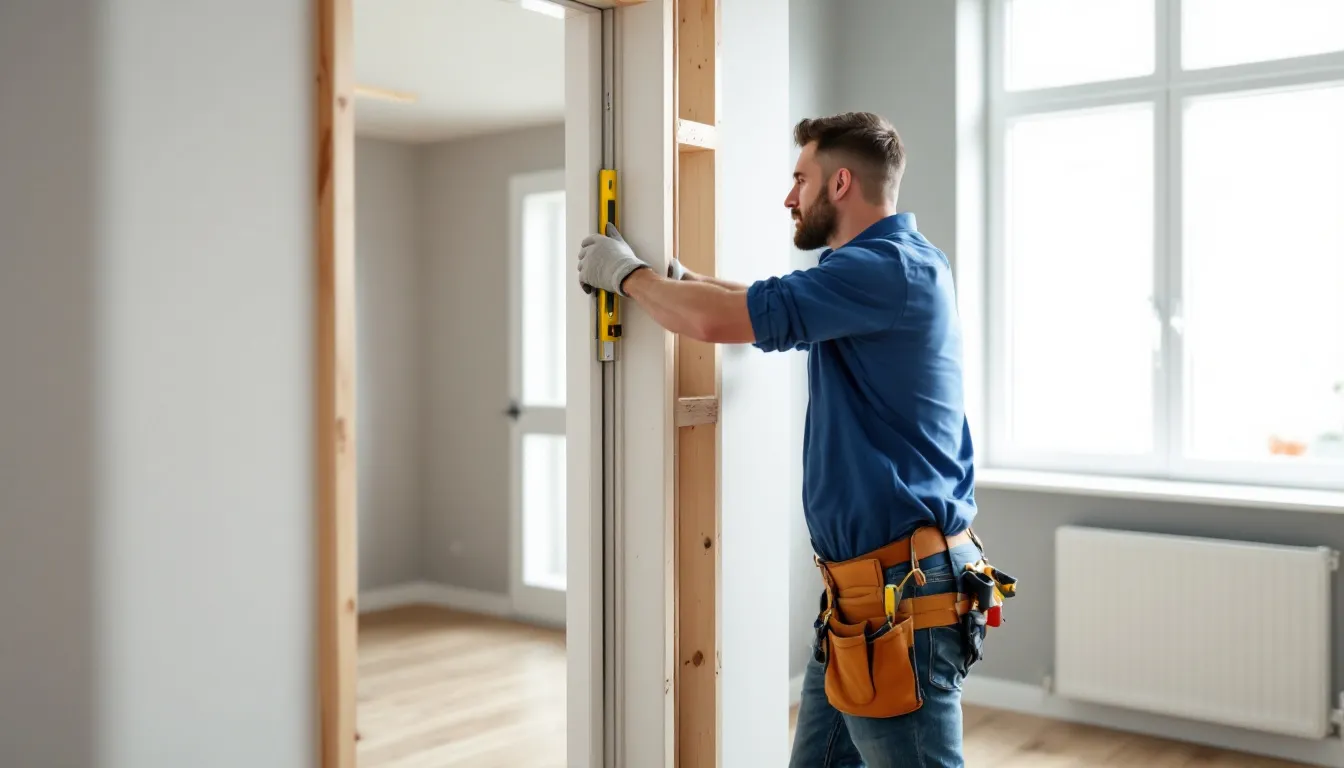 Een vakkundige monteur installeert een kunststof kozijn in een woning, waarbij hij zorgvuldig het glazen raam plaatst voor uitstekende isolatie en een moderne uitstraling. Het nieuwe kunststof kozijn is onderhoudsarm en biedt hoge thermische isolatie.