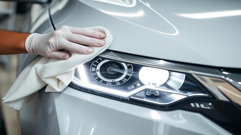 A person cleaning headlights of a honda civic.