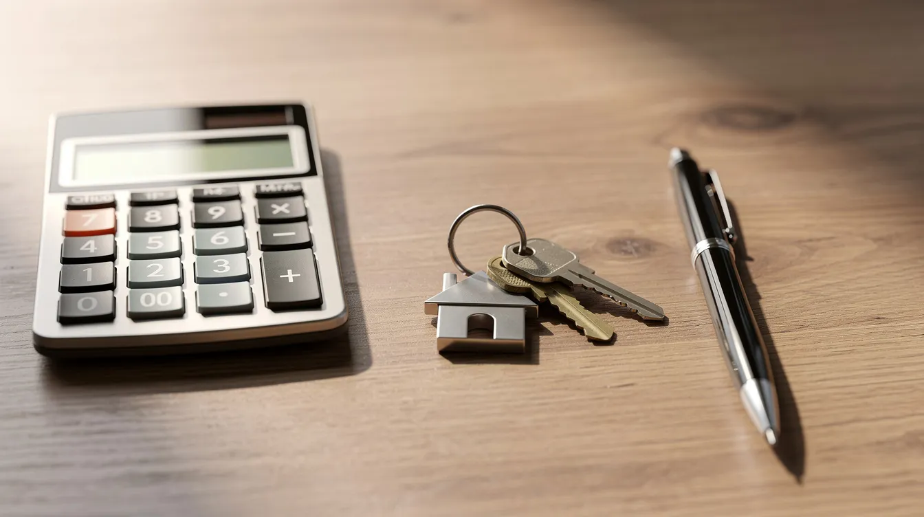The image features a calculator, house keys, and a pen arranged neatly on a wooden desk, symbolizing the essential tools for managing real estate finance and investment decisions. This setup reflects the importance of financial calculations in real estate transactions, such as determining property values and analyzing cash flow for income-producing properties.