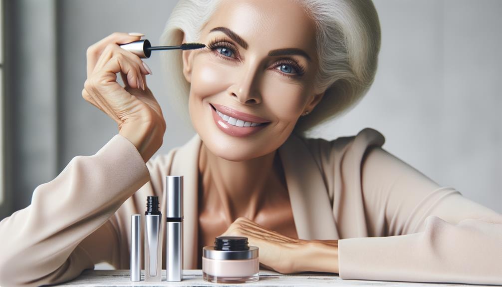 An elegant, mature woman smiling, applying clear mascara. Her eyelashes are long, full and healthy. A variety of eyelash care products for 50+ age group are neatly arranged on a table.