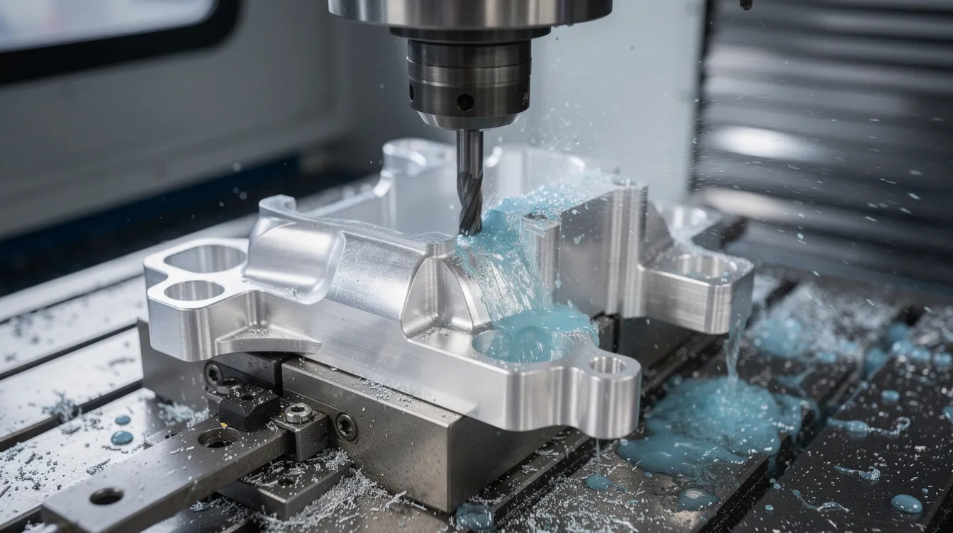 A close-up view of a multi-axis CNC milling machine actively cutting an aluminum aerospace bracket, with coolant visibly flowing to maintain temperature. This image highlights the precision and technical expertise involved in CNC machining, essential for producing high-quality, custom parts with tight tolerances in the aerospace industry.