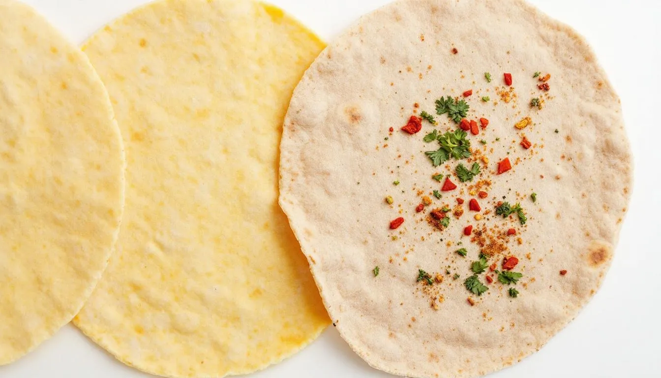 This image compares plain corn tortillas, made from corn flour, with seasoned wheat tortillas that feature visible herbs and spices. The contrast highlights the different textures and flavors, showcasing options for various dietary preferences, including considerations for a dog