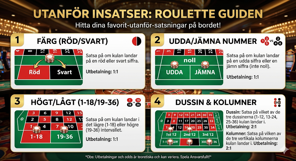 Outside bets i roulette – rött svart och udda jämna