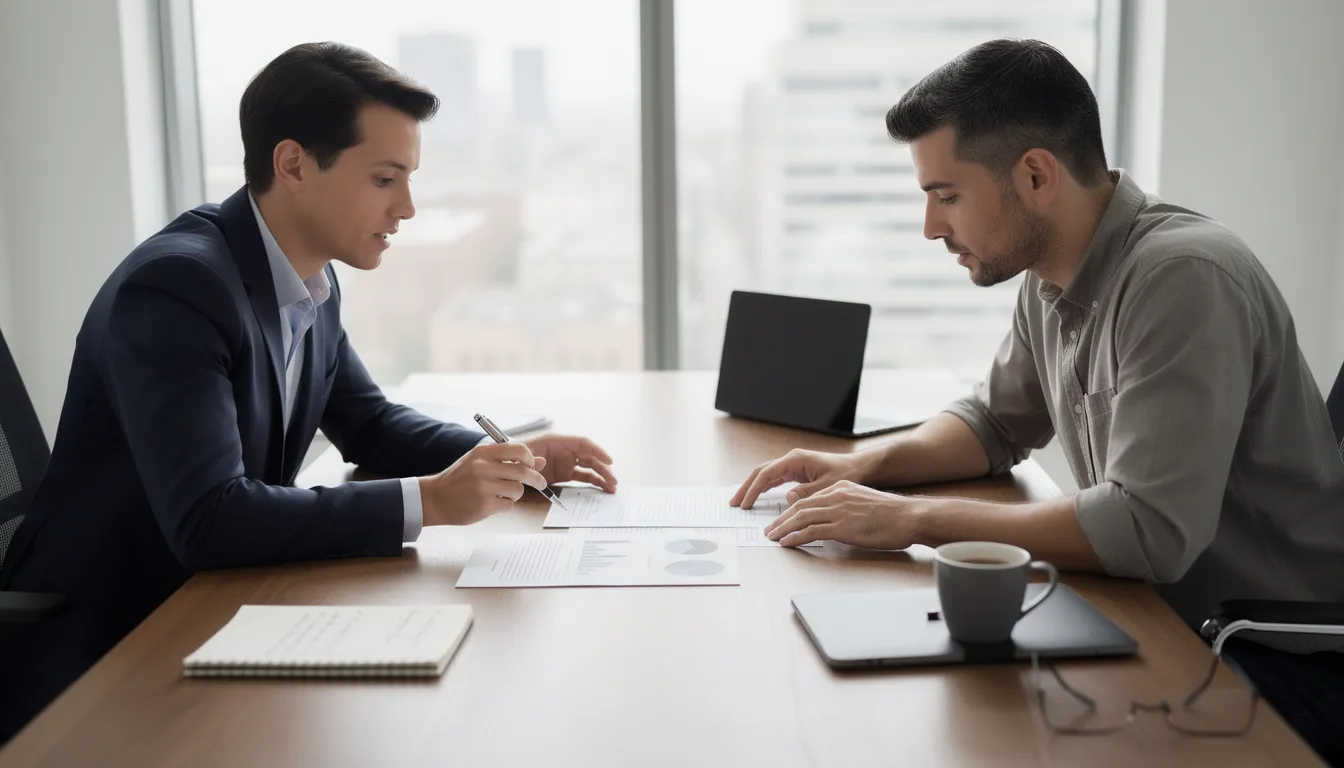 The image depicts a professional consultation between two individuals, focused on reviewing financial records and documents across a desk, likely related to real estate accounting and tax preparation. This scene highlights the importance of accurate bookkeeping and financial planning for real estate investors and professionals managing their business finances.