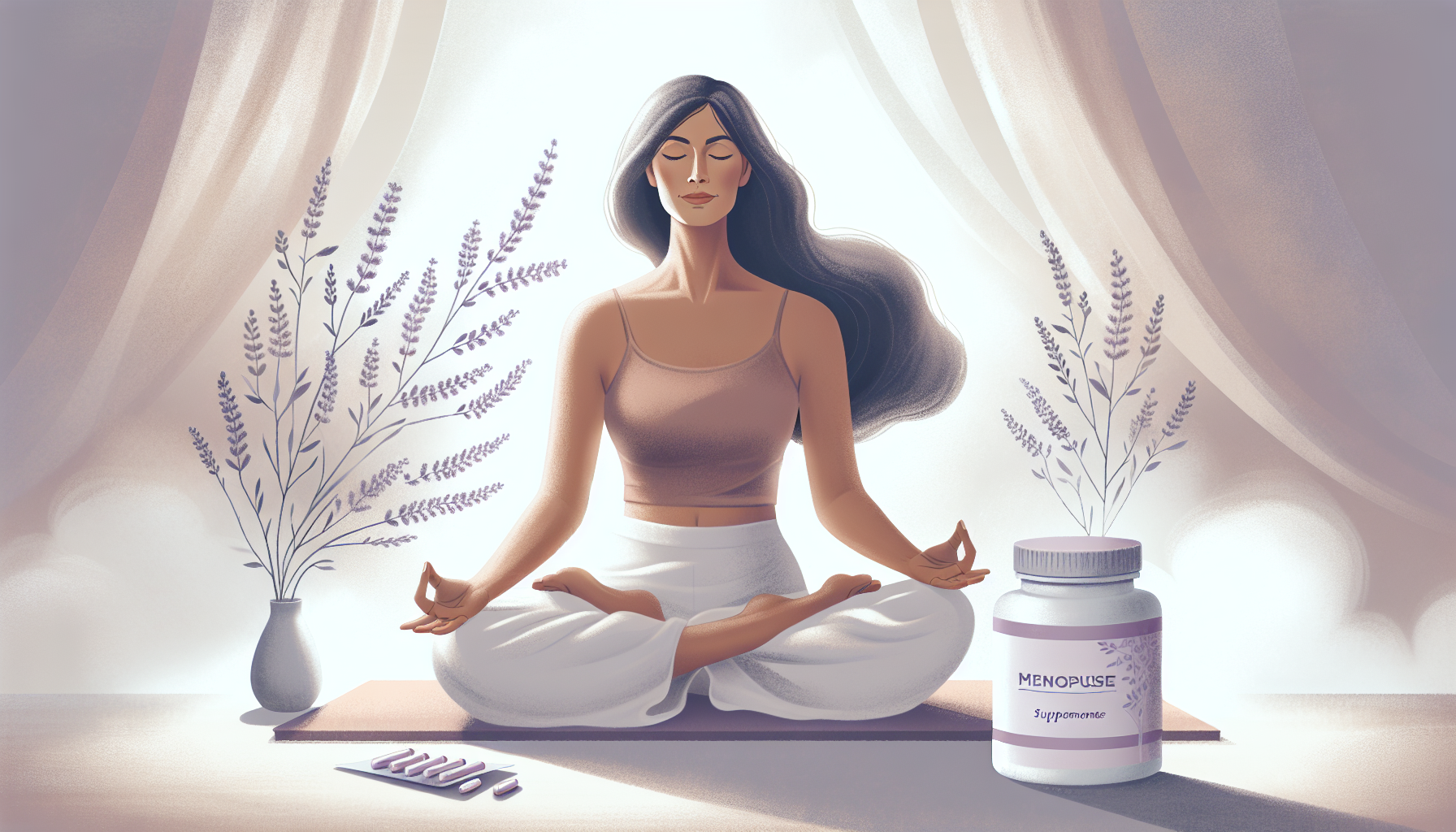 Illustration of a woman engaging in stress management techniques for menopause symptom relief