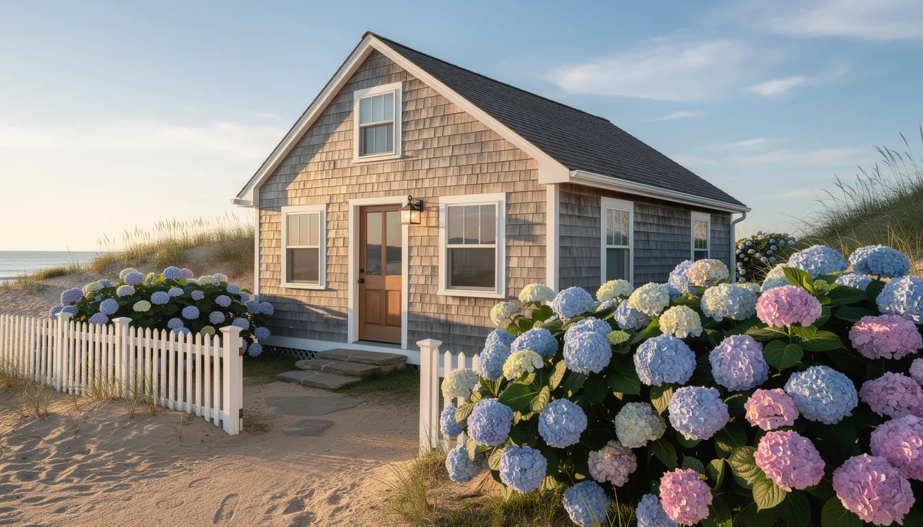 The image features a charming classic New England beach cottage with cedar shingles and a white picket fence, nestled among vibrant hydrangeas. This picturesque property, located on the Connecticut shoreline, embodies the perfect beach house vibe with stunning views and a strong sense of community.