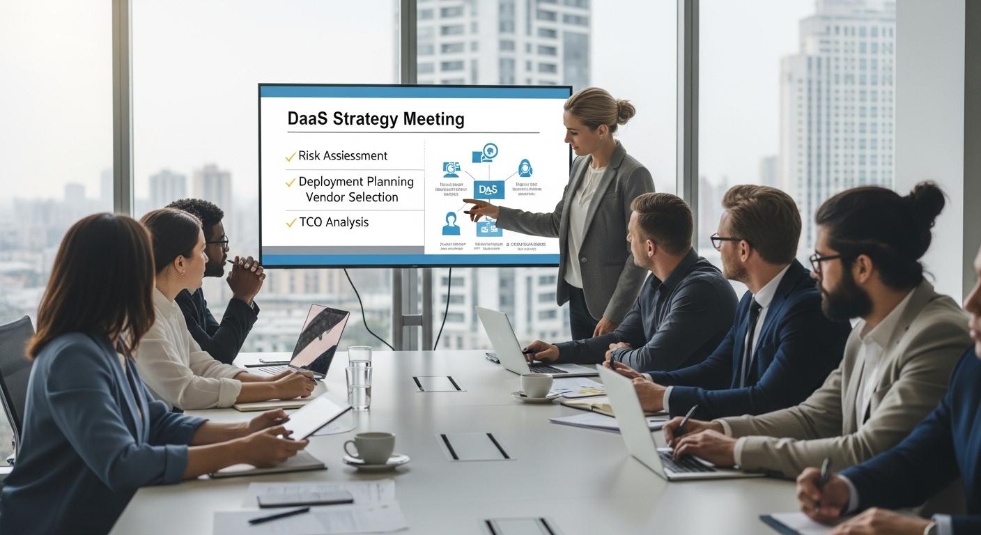 IT strategy meeting focused on assessing DaaS risks, deployment planning, vendor selection, and total cost of ownership.