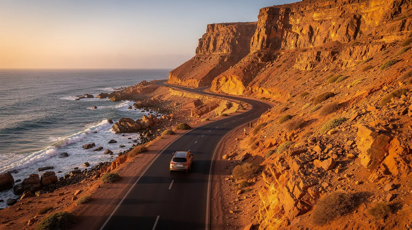 A rental car drives along a scenic coastal road in Morocco, with the breathtaking Atlantic Ocean on one side and steep cliffs on the other, creating a picturesque backdrop for a memorable road trip. The image captures the essence of adventure and exploration, ideal for travelers looking to enjoy the beauty of the landscape.