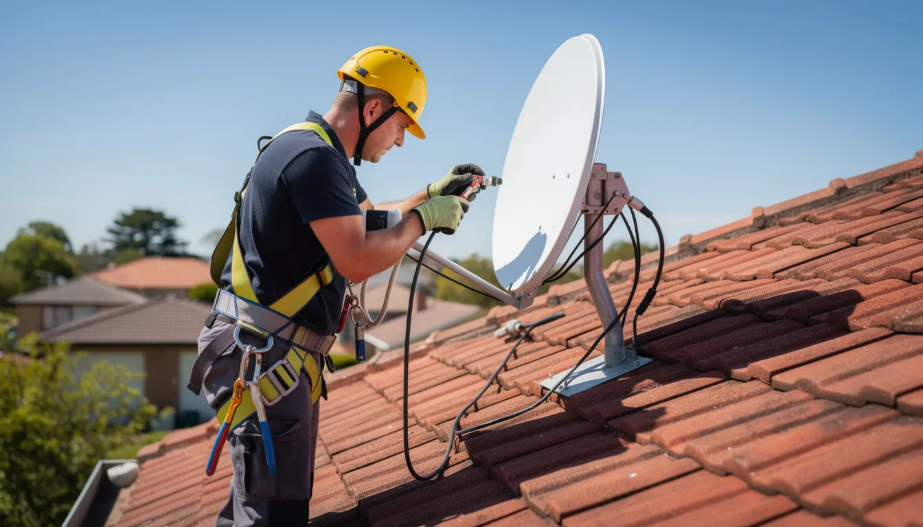 A technician wearing a safety harness is working diligently on a satellite dish installation atop a tiled roof, ensuring optimal signal reception for DSTV services. This professional installation highlights the importance of skilled technicians in providing reliable home entertainment solutions.