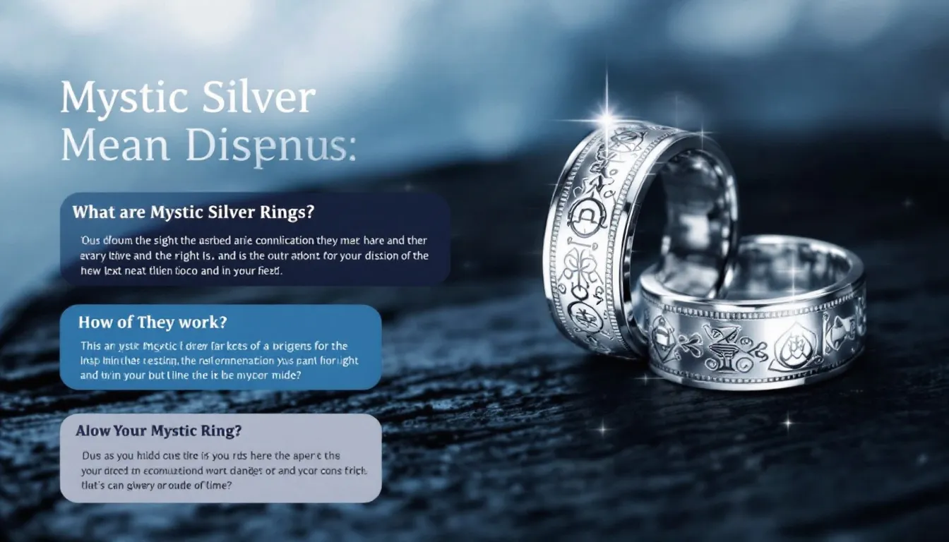 This image features a beautifully crafted mystic topaz ring set in sterling silver, showcasing its captivating gemstone that reflects light in enchanting colors. Accompanying the ring are various FAQs about sizes, styles, and the magical properties of mystic silver rings, providing helpful information for potential buyers.