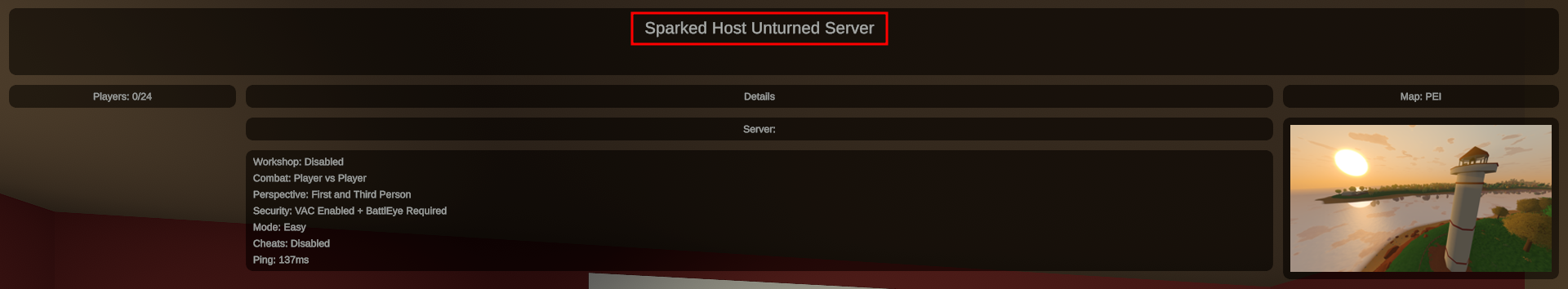 For this example, the server name is "Sparked Host Unturned Server"