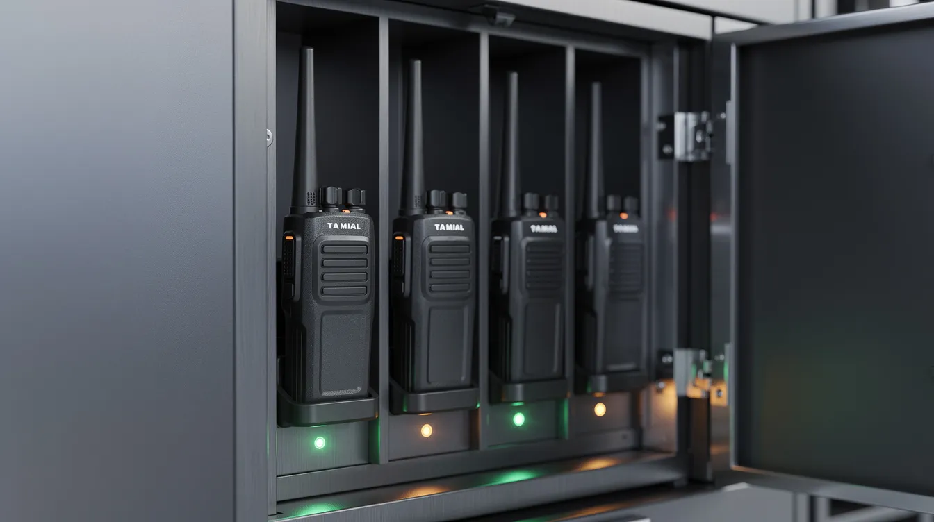 The image shows several handheld two-way radios stored upright in a smart locker cabinet, featuring small LED charging indicators that are glowing. This secure locker system utilizes RFID technology for access control, ensuring that only authorized users can manage the devices, enhancing accountability and efficiency in various industries.