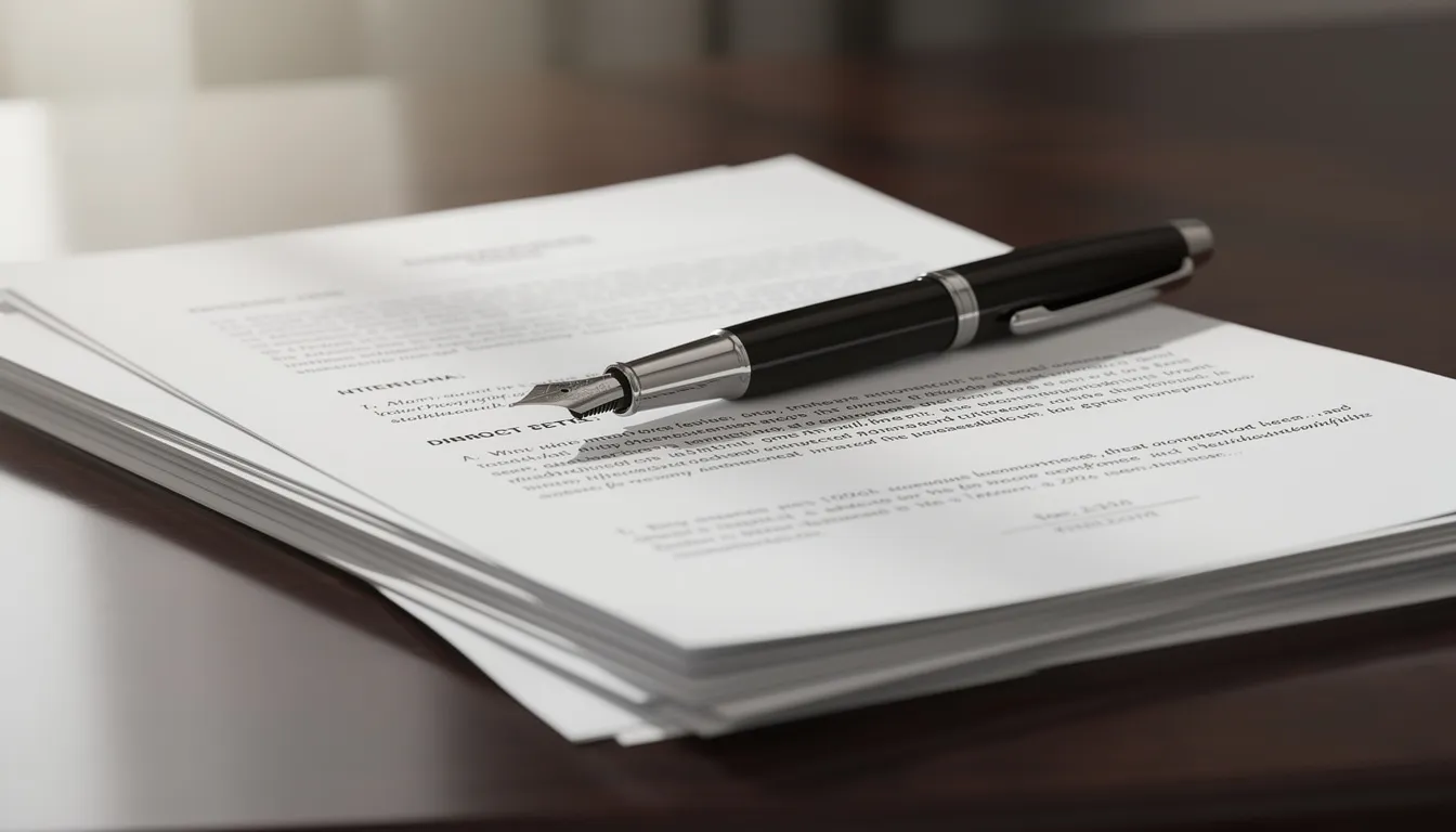 The image features a collection of legal documents and a pen placed on a wooden desk, symbolizing the process of filing a workers compensation claim for death benefits in Colorado. This setting reflects the serious nature of dealing with compensation matters following a fatal work accident, emphasizing the need for experienced legal assistance.
