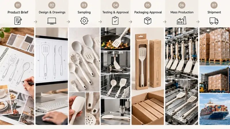 An OEM/ODM workflow from product brief and drawings to sampling, testing, packaging approval, and mass production.