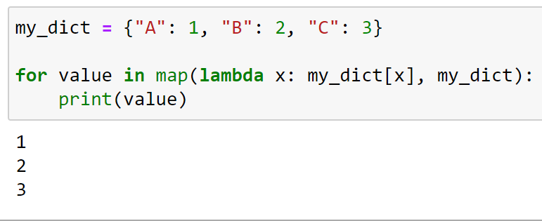 Iterating through values of a dictionary using map() function
