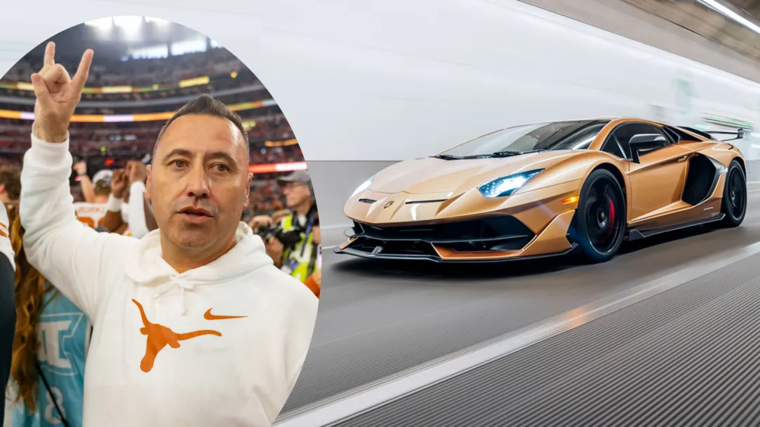Texas Longhorns football coach Steve Sarkisian at a stadium event overlaid beside a gold Lamborghini, symbolizing the luxurious and controversial side of NIL recruiting incentives.