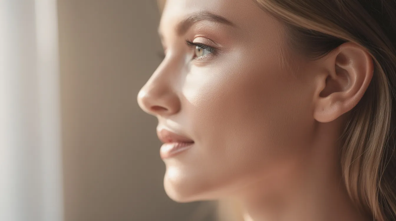 The image features a close-up side profile of a woman showcasing her well-defined cheekbones, illuminated by soft natural lighting. Her youthful contours highlight the effects of cheek augmentation, enhancing her facial anatomy and giving her a fresh appearance.