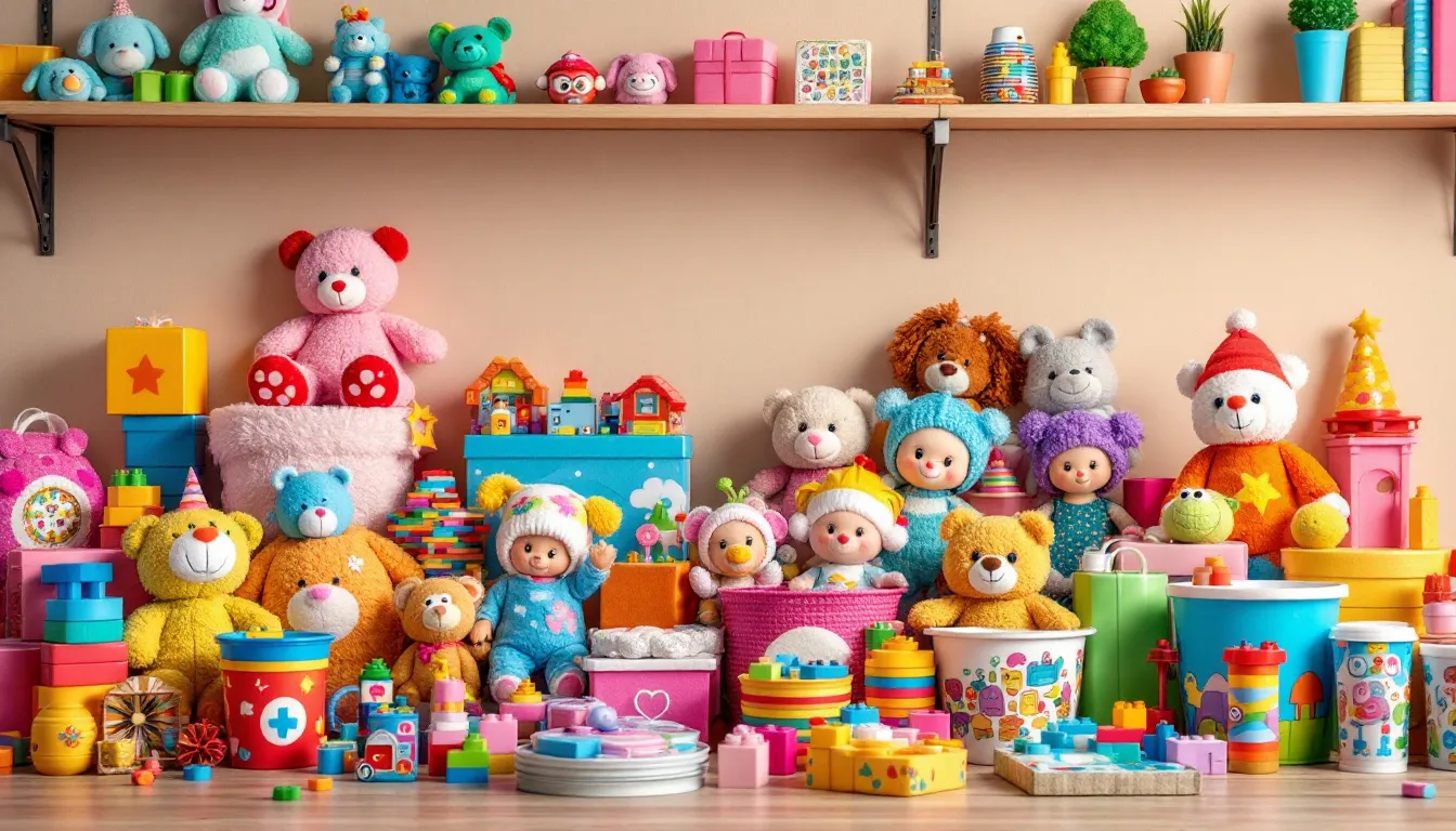 Bilden visar en färgglad uppställning av leksaker och presenter, noggrant arrangerade för olika åldersgrupper, inklusive populära presenter till barn i åldern 3 år. Det finns en variation av produkter, som spel och små leksaker, som passar perfekt för att göra barn glada och hjälpa dem att hitta den bästa presenten.