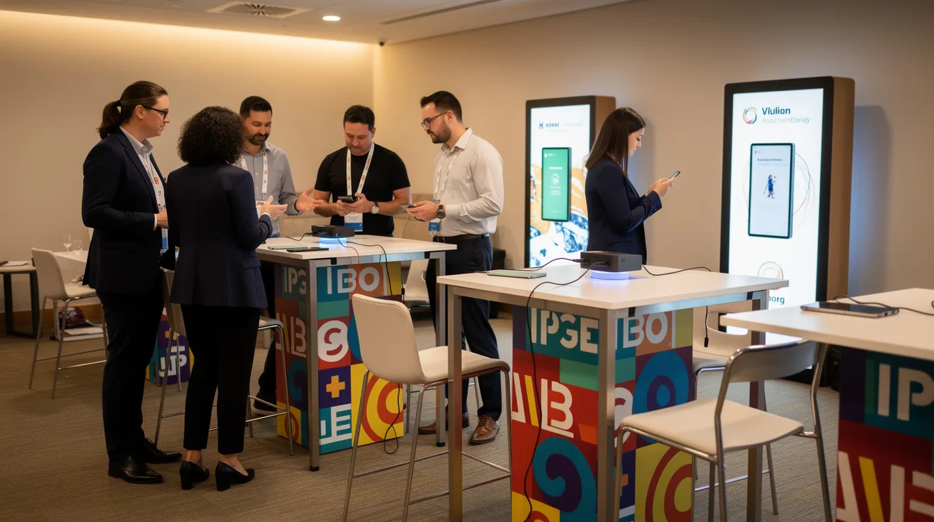 The image depicts a vibrant conference lounge area where attendees are gathered around high-top tables equipped with phone charging stations. Colorful branded panels and freestanding kiosks can be seen, providing multiple charging ports and solutions for mobile devices, enhancing the attendee experience at the event.