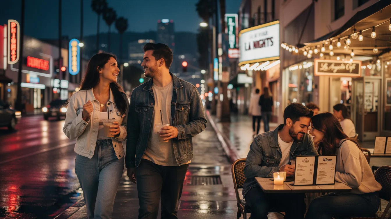The image depicts a vibrant scene of young adults engaging in conversations at a trendy outdoor café in Los Angeles, showcasing the dynamic world of dating in the city. People are using dating apps on their phones, while others are laughing and connecting, highlighting the many ways to meet women and find love in this lively town.