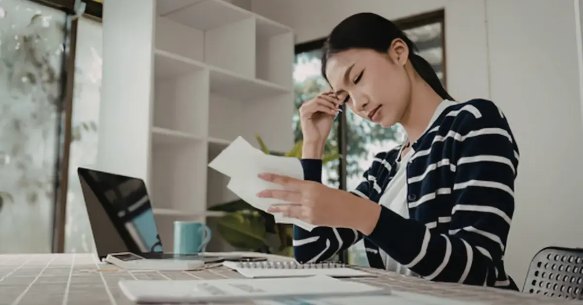 Woman stressed reviewing tax documents and IRS notice about 1120S late filing penalty.