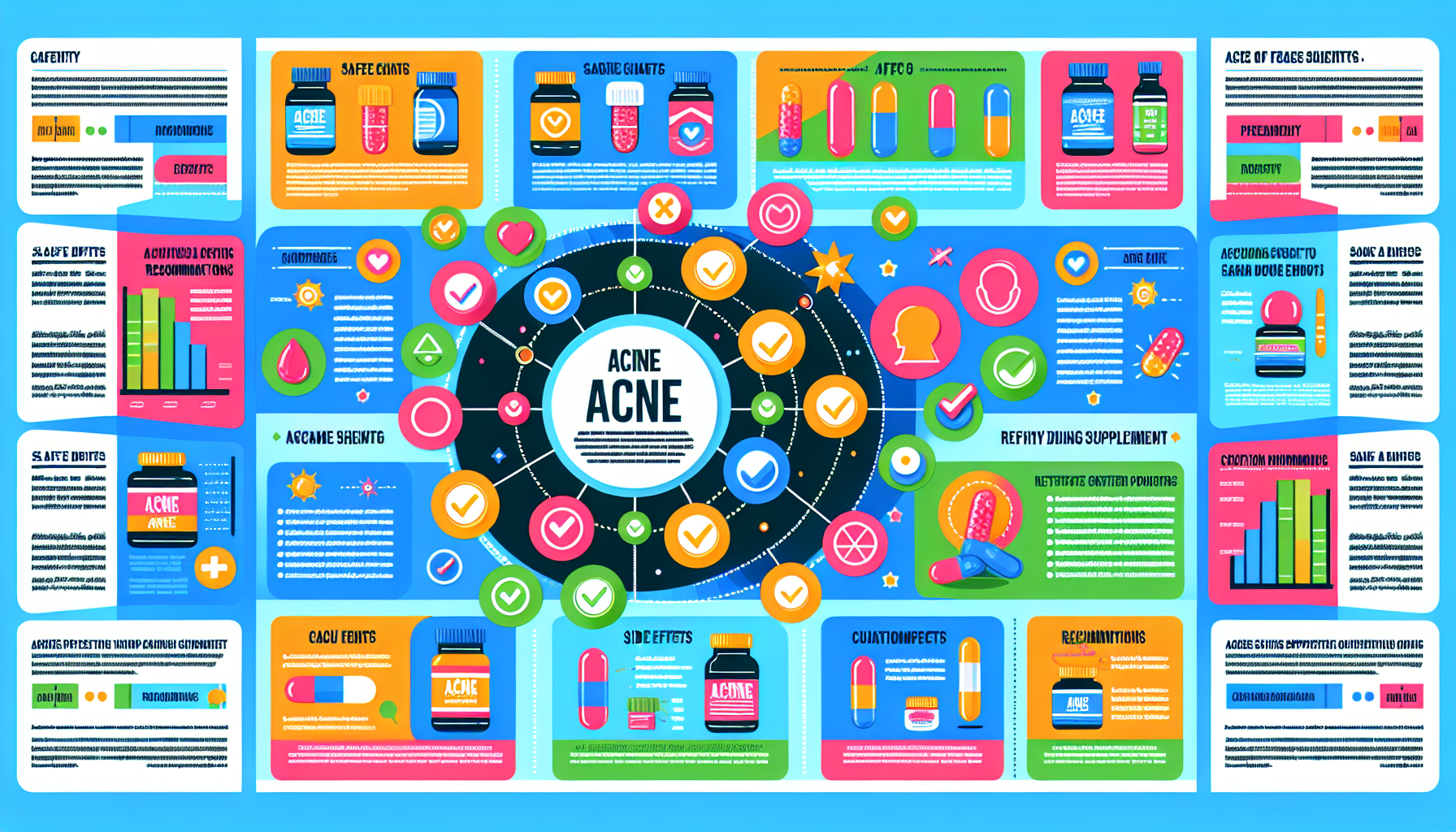 Infographic summarizing the safety and efficacy of various acne supplements.