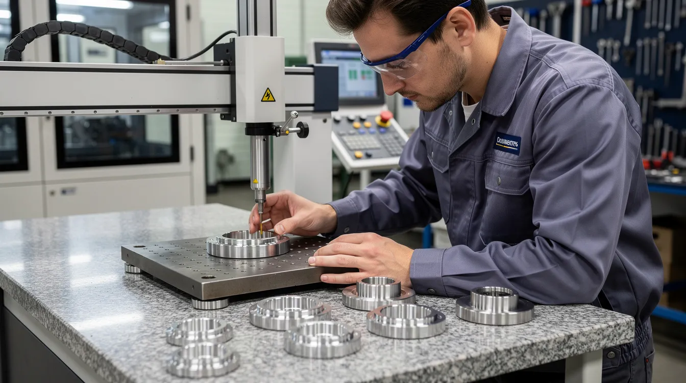 A quality control inspector is using a coordinate measuring machine to meticulously check precision sheet metal parts, ensuring they meet high standards for custom metal fabrication. The setting highlights advanced technology in the metal fabrication industry, emphasizing quality assurance in the production of custom sheet metal components.