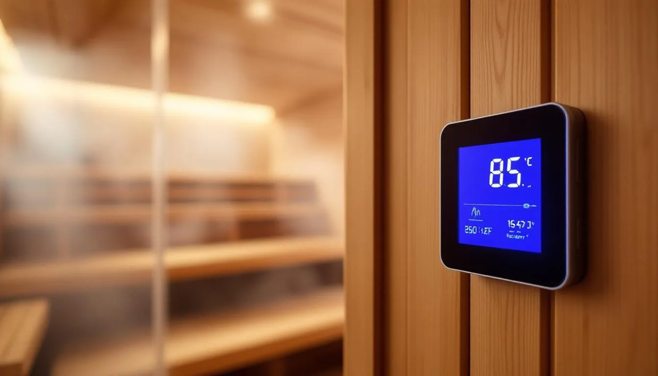 The image features a digital thermometer displaying the optimal temperature for an infrared sauna, with a recovery timer visible in the background. This setup highlights the health benefits of infrared sauna therapy, including improved circulation and effective detoxification after exercise.