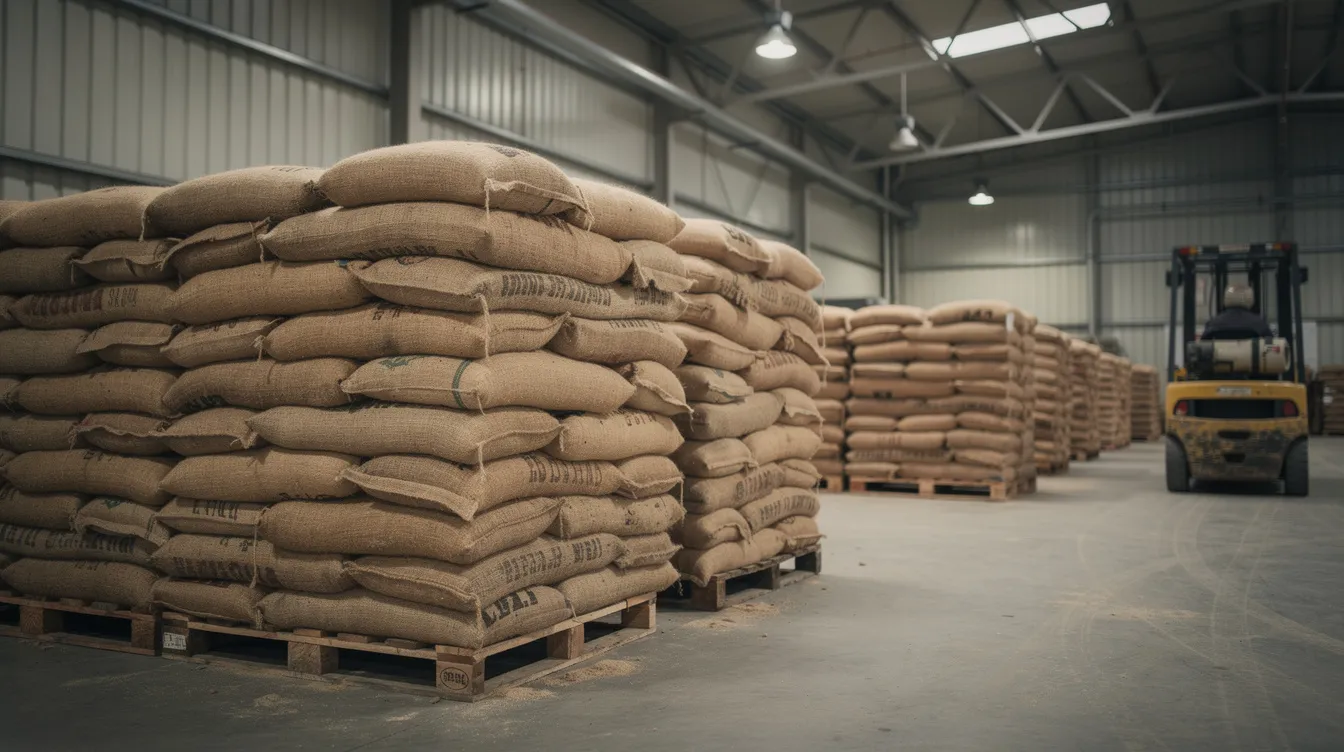 d9c4695d baae 4661 813a f4ea8d530d33 The image shows large stacks of filled jute bags in an industrial warehouse, indicating a high production capacity for food grains like wheat bran and rice bran. A forklift is visible in the background, suggesting active loading or unloading of these essential raw materials.
