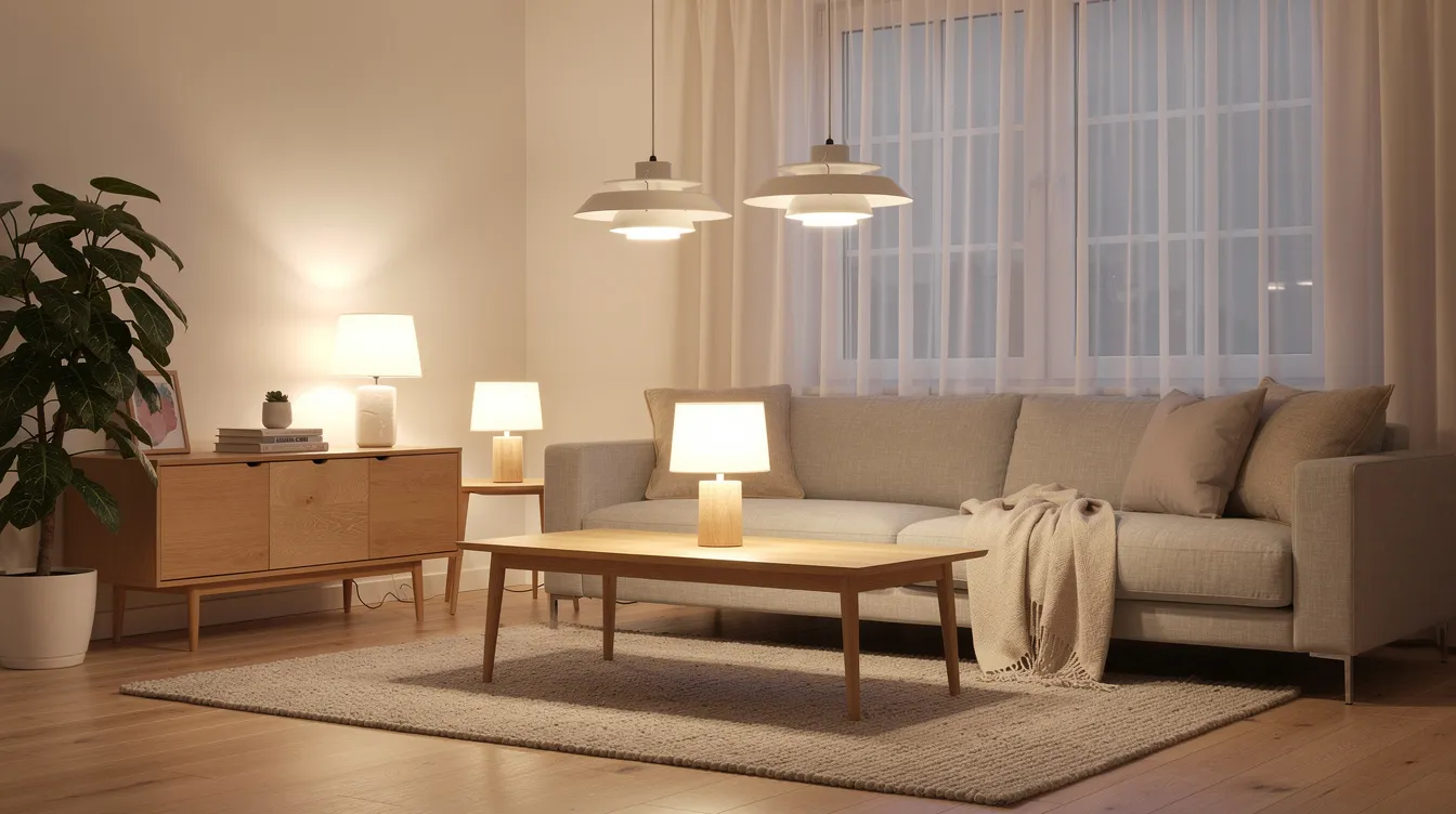 Een Scandinavische woonkamer met een sfeervolle mix van tafel- en hanglampen die warm wit licht uitstralen. De verlichting creëert een prettige ambiance, perfect voor een gezellige en romantische sfeer.