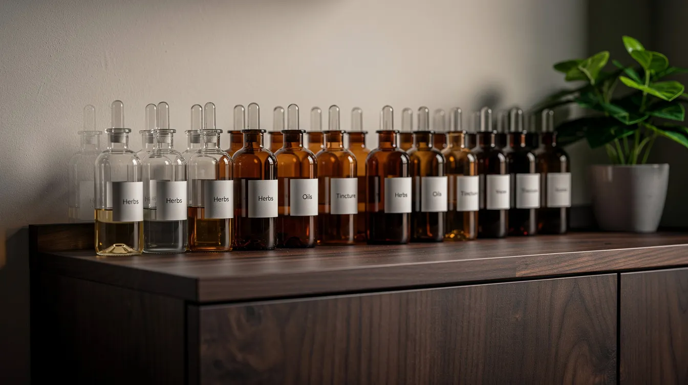 The image features a dark wooden cabinet shelf displaying an array of neatly organized glass bottles, some likely containing various cbd tinctures and oils, alongside a small green plant. This setup suggests a focus on health and wellness, with potential products for precise dosing and the benefits of hemp-derived cbd products.