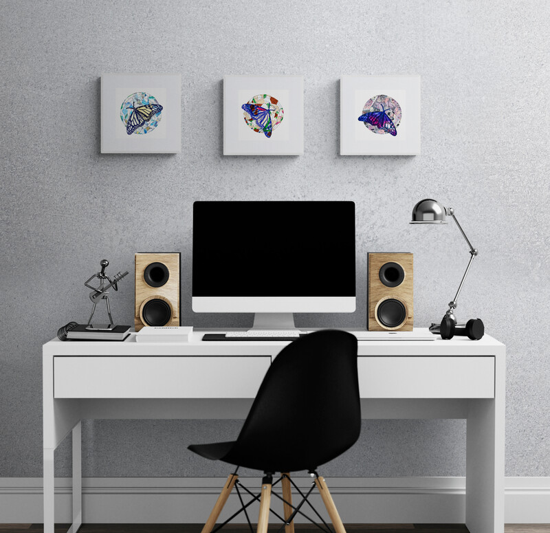 Metamosphosis Mandala collection by Lorna Livey above an office desk