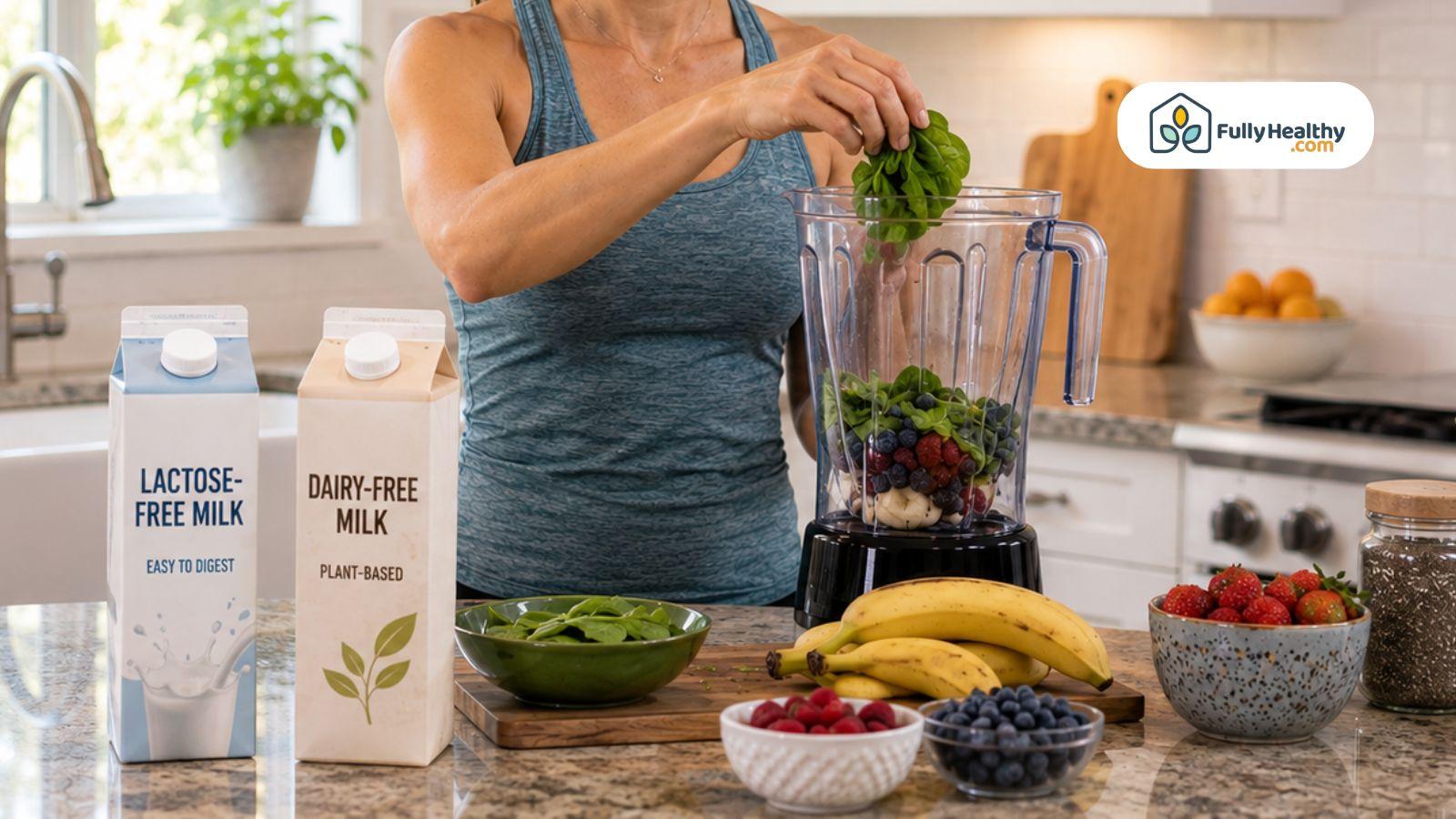 Smoothie preparation using lactose-free milk and dairy-free milk with fresh ingredients.