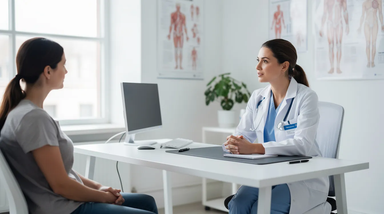 Une professionnelle de santé discute avec une patiente dans un cabinet médical lumineux, abordant des sujets liés au syndrome métabolique, notamment le syndrome des ovaires polykystiques, qui est une des premières causes d'infertilité féminine. L'ambiance est accueillante, favorisant une prise en charge attentive et des échanges sur la santé et le bien-être.
