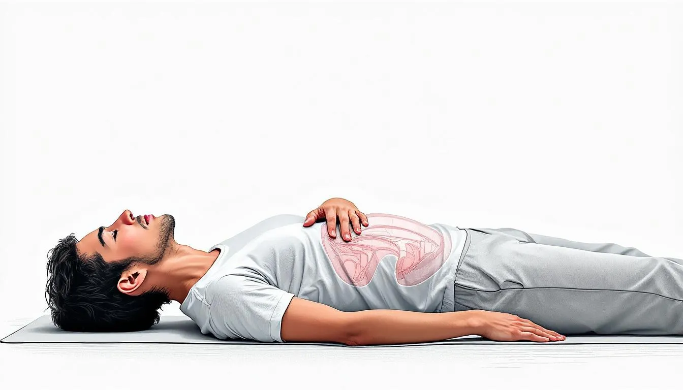 In the image, a person is practicing diaphragmatic breathing, also known as belly breathing, while lying on a flat surface with their knees bent. Their hand is placed on their chest to ensure that the chest remains still, allowing for deeper breaths that engage the diaphragm and promote relaxation.