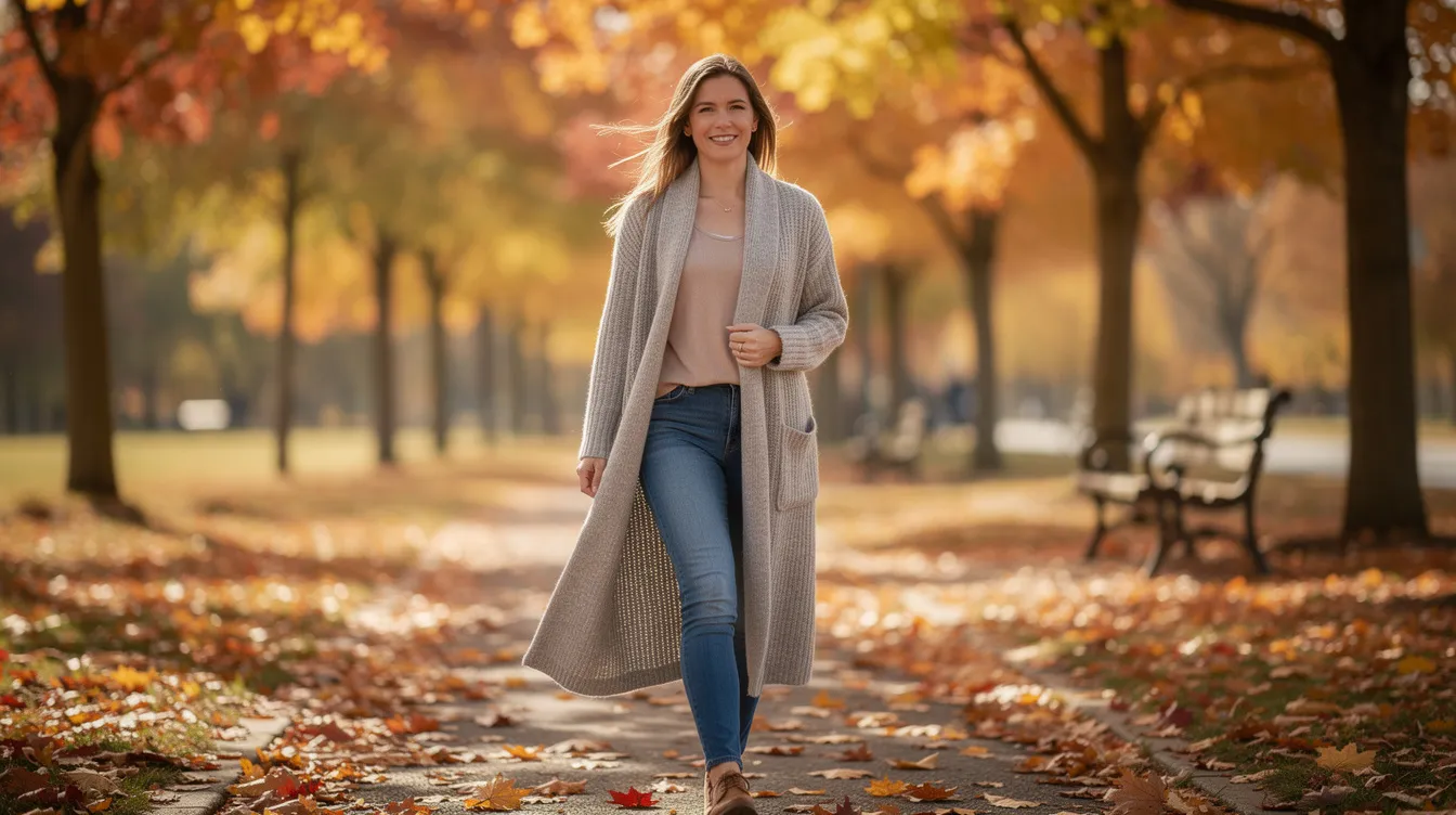 A woman is walking through an autumn park, wearing a long open-front knit cardigan over casual jeans, surrounded by fallen leaves. The lightweight cardigan adds warmth and comfort to her outfit, making it a perfect piece for the season.