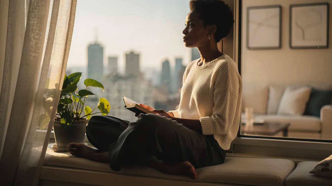 A Black woman in her early thirties sits thoughtfully on a deep window seat in her Upper West Side apartment, wearing a soft cream knit top and dark linen pants, with her bare feet tucked beneath her. The late afternoon sun casts a warm glow on her face as she gazes out at the city, a closed paperback book resting in her lap, while a serene living room with framed art and a houseplant is softly illuminated behind her.