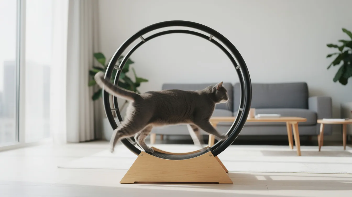 A playful gray cat is energetically running on a large exercise wheel in a modern living room, showcasing its natural hunting instincts while enjoying some fun and mental stimulation. The room is filled with soft lighting and stylish decor, creating a cozy atmosphere for the kitty's exercise.