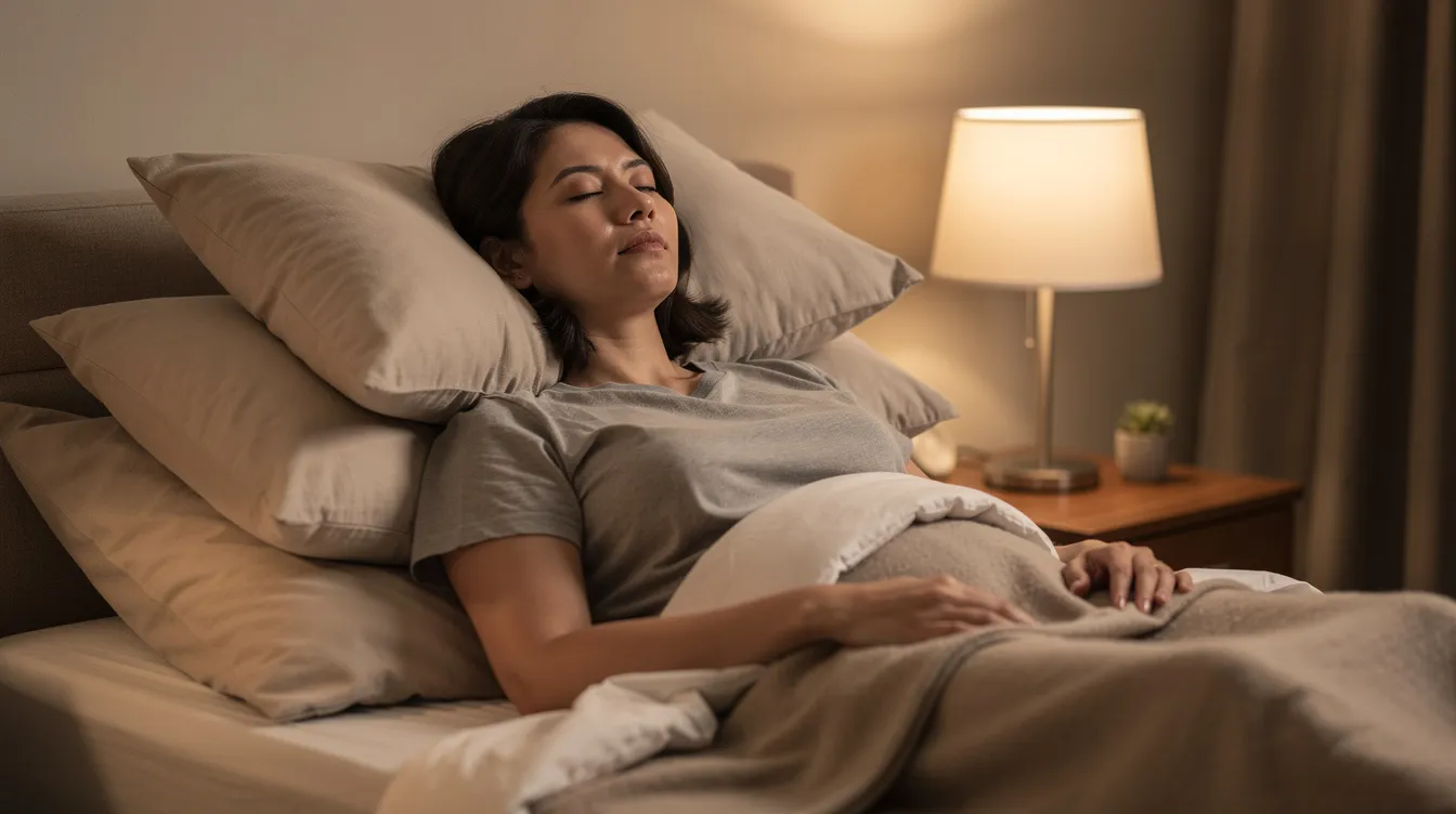 A person is resting comfortably in bed with their head elevated on multiple pillows, suggesting a recovery position after a neck lift surgery or other cosmetic procedures. The setting conveys a sense of relaxation and care, highlighting the importance of post-operative comfort in achieving youthful neck skin and reducing signs of aging.