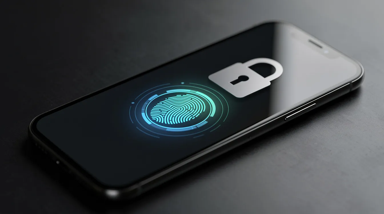 A close-up of a smartphone screen displays a security lock icon alongside a fingerprint scanner, emphasizing the importance of account protection against potential threats like 騙 徒 and data leaks. This image symbolizes the need for secure verification methods to safeguard personal information on platforms like whatsapp.