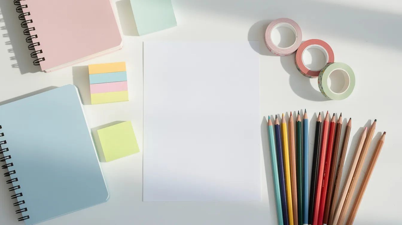 Na jasnym biurku rozłożone są pastelowe artykuły papiernicze oraz kolorowe kredki, obok znajduje się kartka papieru, co może sugerować przygotowania do pożegnania przedszkola. W tle można wyczuć atmosferę radości związanej z zakończeniem żłobka i czasem dziecinnych wspomnień.