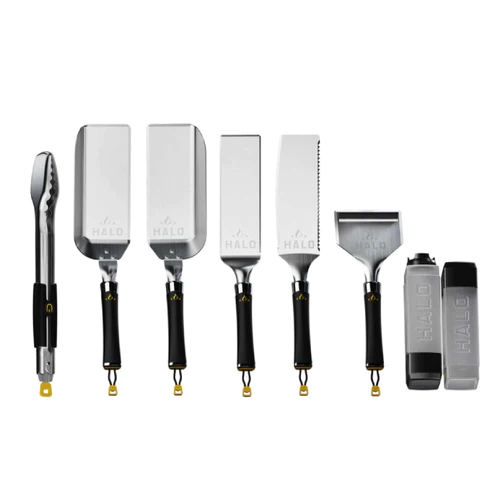 8-piece Halo Essential Griddle Kit: (1) Spatula, (2) Scoop Spatula, (1) Squeegee Scraper, (2) Squeeze Bottle, (1) Blade Spatula, and (1) Tongs
