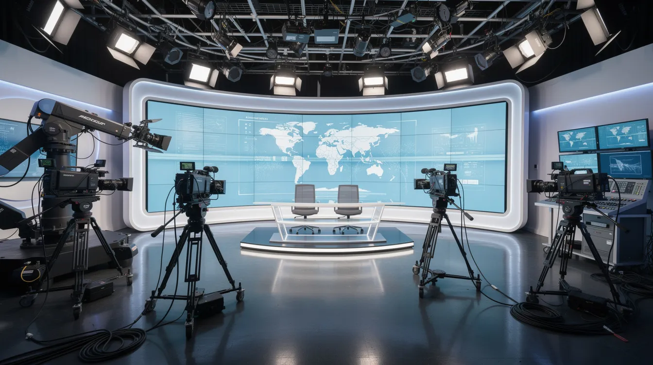Das Bild zeigt ein professionelles Fernsehstudio, ausgestattet mit Kameras und Übertragungstechnik, die für die Live-Berichterstattung von Sportereignissen wie Fußballspielen genutzt werden. In solch einem Umfeld könnten Experten wie Bastian Schweinsteiger, der als ehemaliger Nationalspieler und Fußballweltmeister bekannt ist, über aktuelle Themen im Fußball diskutieren.