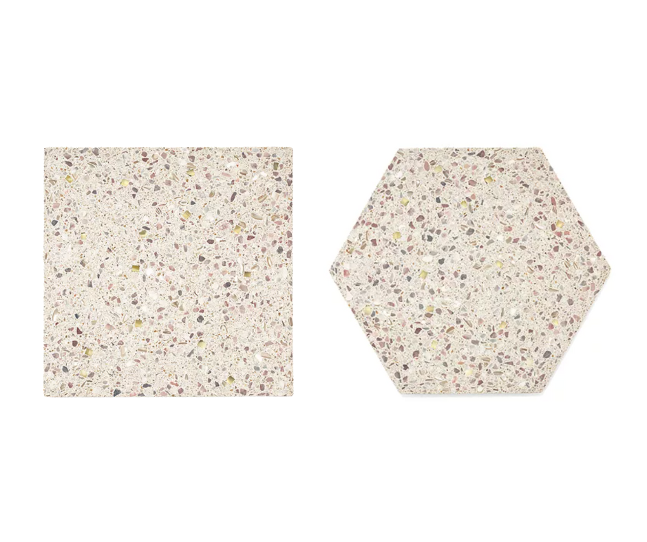terrazzo tiles pictured above in a neutral beige tone