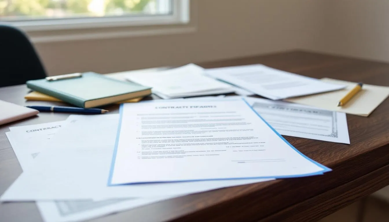 Na biurku znajdują się różne dokumenty prawne oraz formularz wniosku o ustalenie miejsca pobytu dziecka, które mogą być niezbędne w postępowaniu sądowym dotyczącym władzy rodzicielskiej. Wśród dokumentów można zauważyć wniosek o ustalenie miejsca zamieszkania dziecka oraz inne istotne papiery związane z dobrem dziecka.