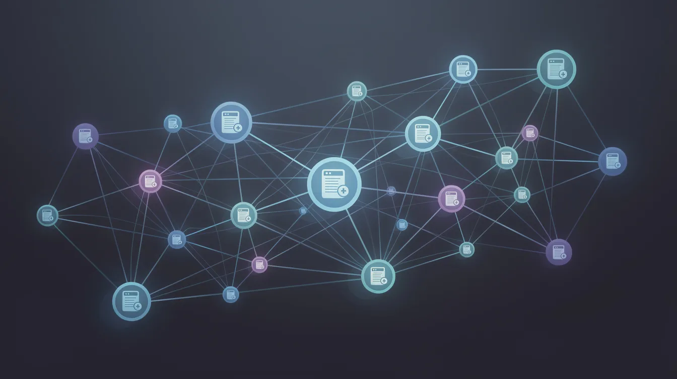 Die Illustration zeigt ein Netzwerk aus miteinander verbundenen Knotenpunkten, die verschiedene Websites und deren Verlinkungen darstellen. Diese Struktur verdeutlicht die Bedeutung von Backlinks für die Online-Sichtbarkeit und die SEO-Strategie, indem sie die Autorität und Relevanz der verlinkenden Seiten hervorhebt.