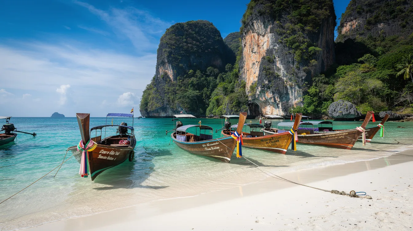 Uma praia tropical com águas turquesa e imponentes falésias de calcário, cercada por barcos longtail, formando um cenário paradisíaco típico da Tailândia. Este lugar é ideal para turistas que buscam tranquilidade e beleza natural, como as famosas ilhas Koh Phi Phi.